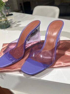 Amina Muaddi Lavender Clear Wedge Slide Heels, size 39.5
